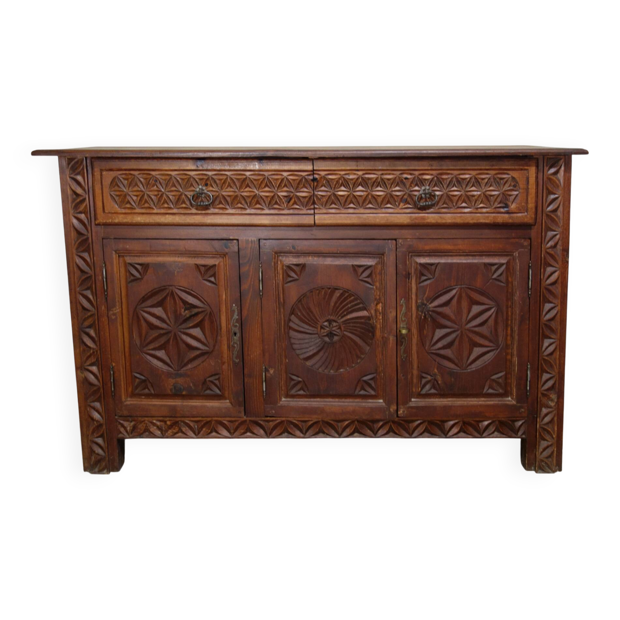 Carved pine sideboard, mountain folk art, 1950s