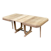Table à manger art déco pied central décapée en chêne massif 2 rallonges