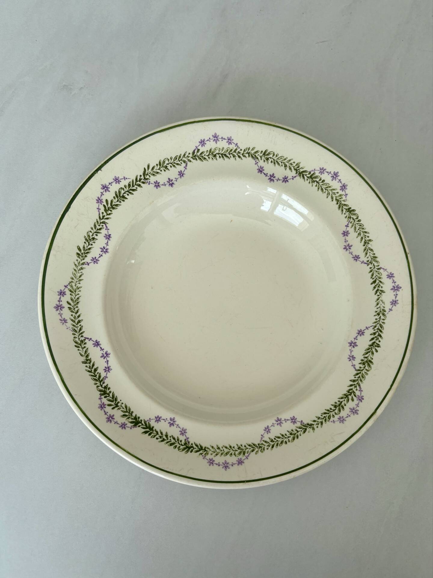 Hollow plate Longwy ironstone polychrome purple and green model L