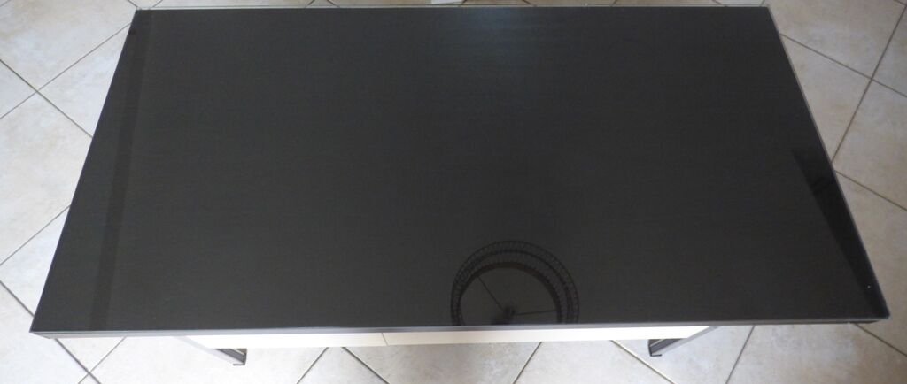 Industrial metal desk from the 70s with three drawers and glass top