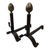 Old pair of wrought iron and bronze andirons