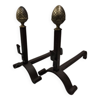 Old pair of wrought iron and bronze andirons