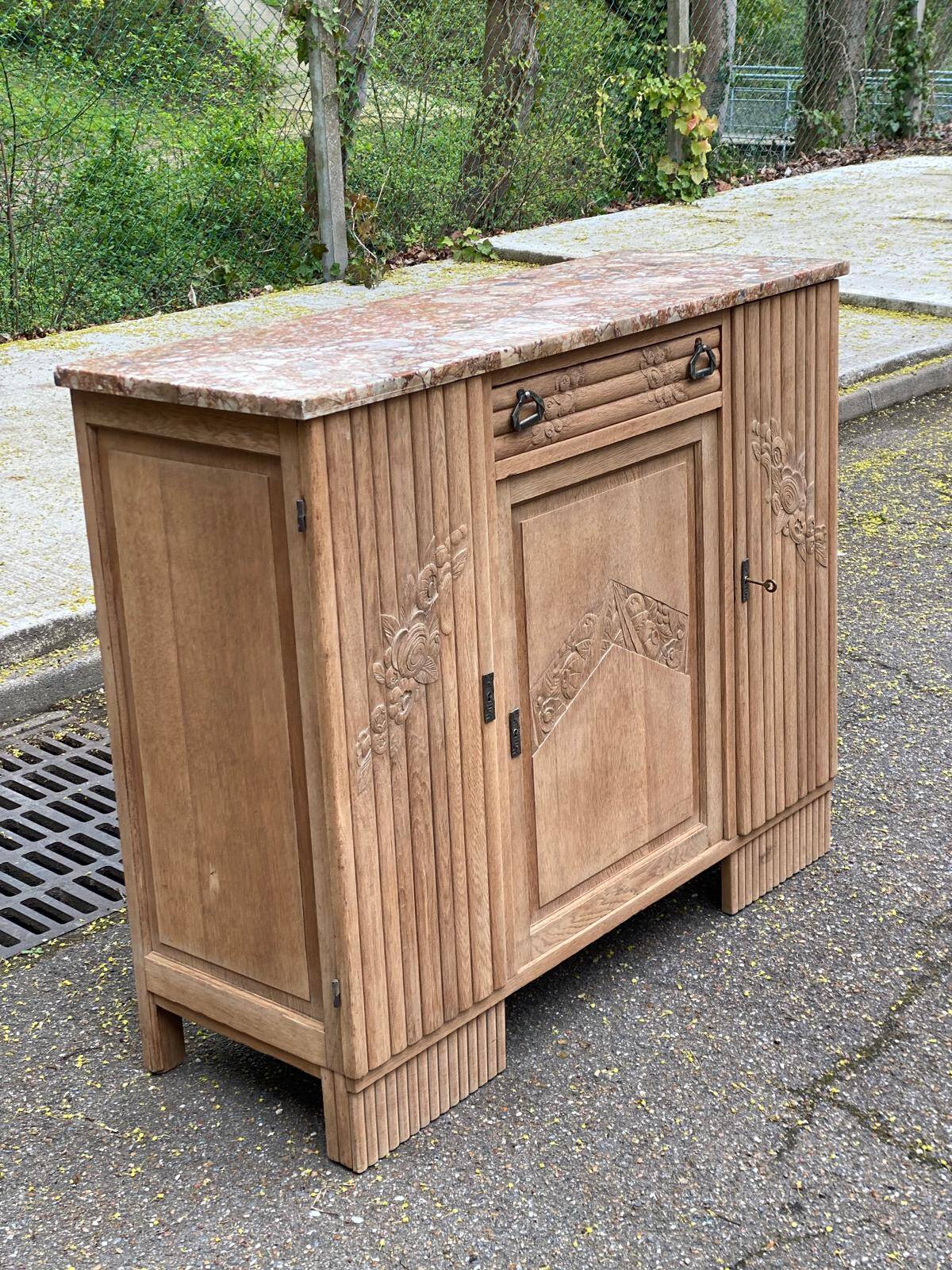 Art Deco vintage Parisian buffet renovated in solid wood and pink marble 123cm