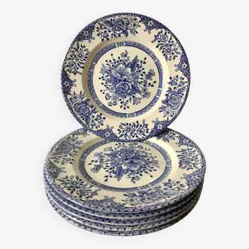 Set of 6 English dessert plates, in ironstone ceramic, flower patterns
