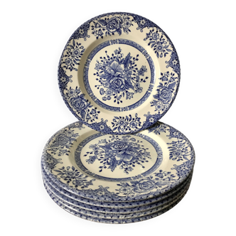 Set of 6 English dessert plates, in ironstone ceramic, flower patterns