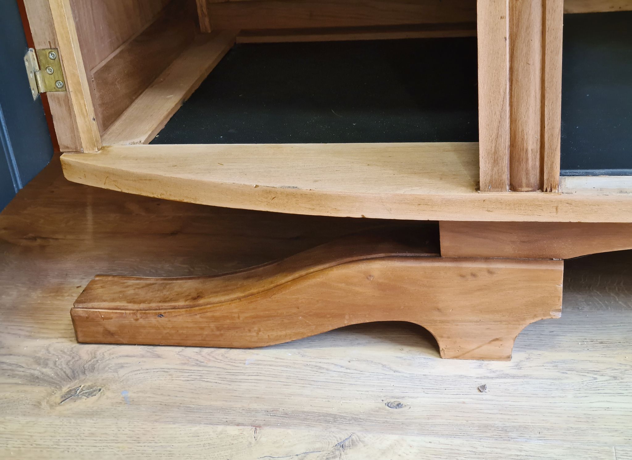 Renovated art deco walnut sideboard with beveled glass door and marble tops