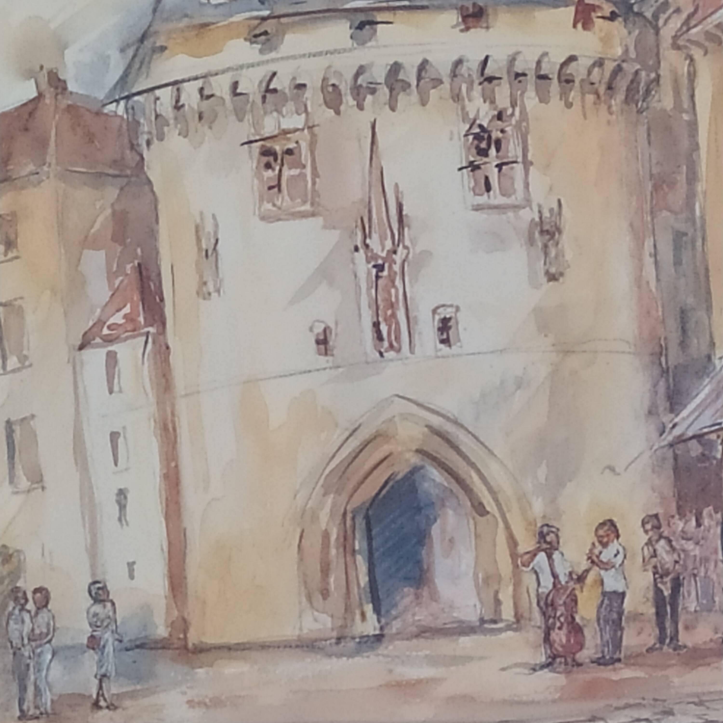 Watercolor "Music Festival at Porte Cailhau" Bordeaux signed Fouquet