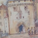 Watercolor "Music Festival at Porte Cailhau" Bordeaux signed Fouquet