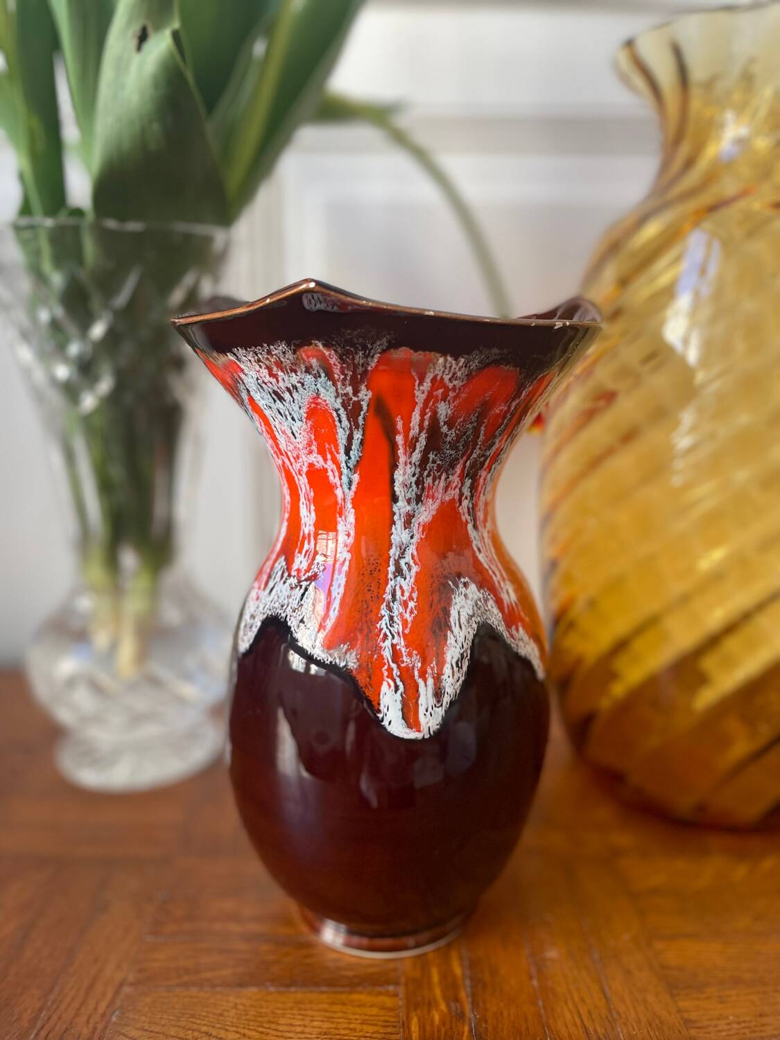 Vallauris vase in brown and orange fat lava