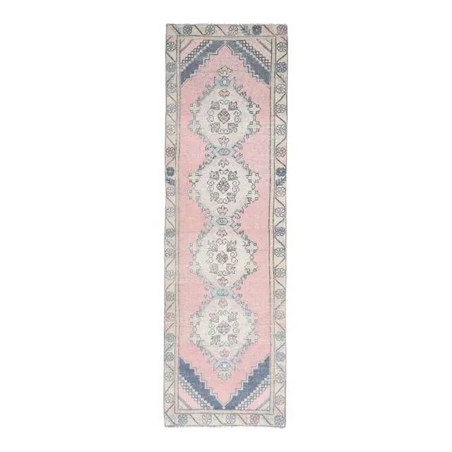 Vintage Turkish Hand-Knotted Wool Cotton Pink Runner Rug 84x281
