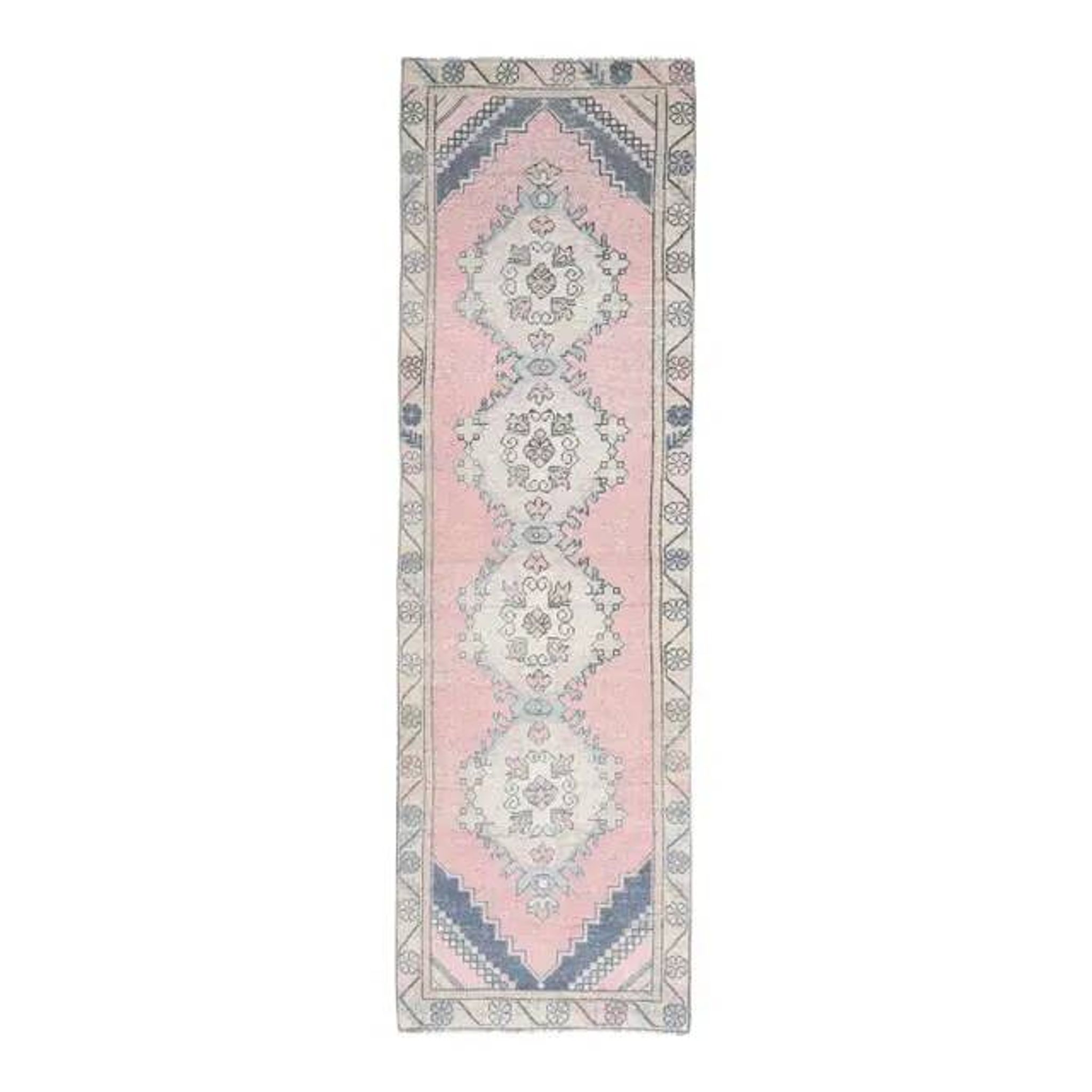 Vintage Turkish Hand-Knotted Wool Cotton Pink Runner Rug 84x281