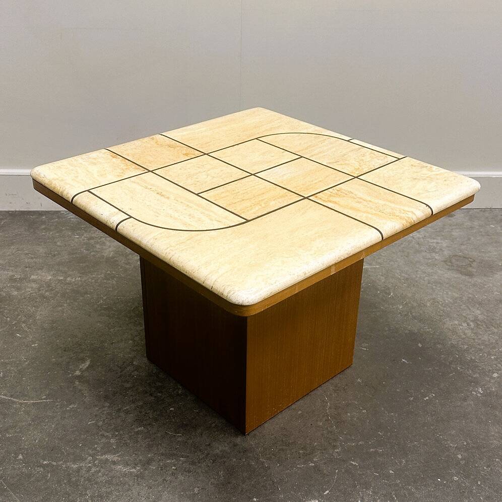 Graphic travertine tile coffee table on oak base, 1970s