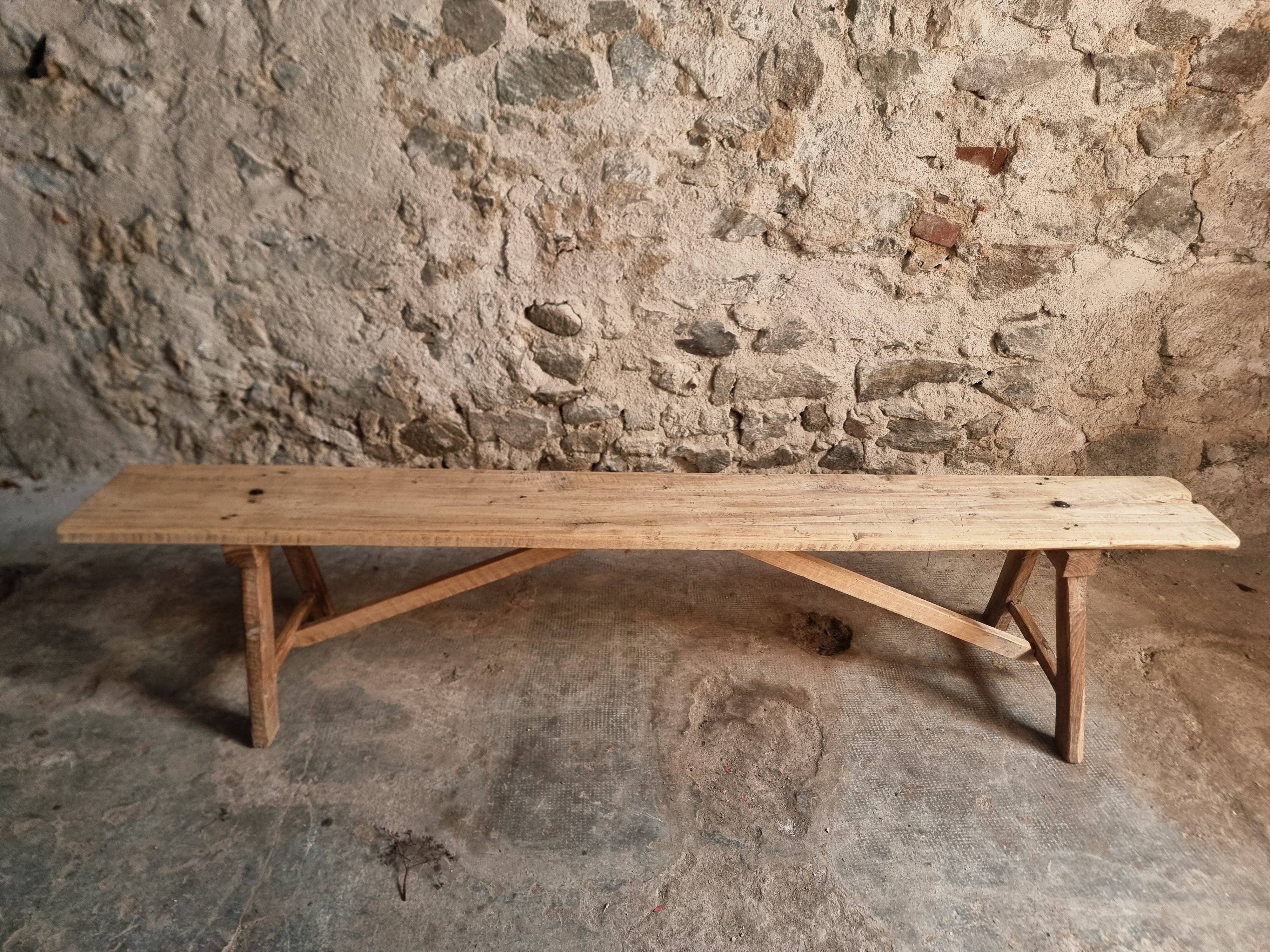French antique wooden bench – Rustic farmhouse bench – Poplar and chestnut – Late 19th century – 198 cm