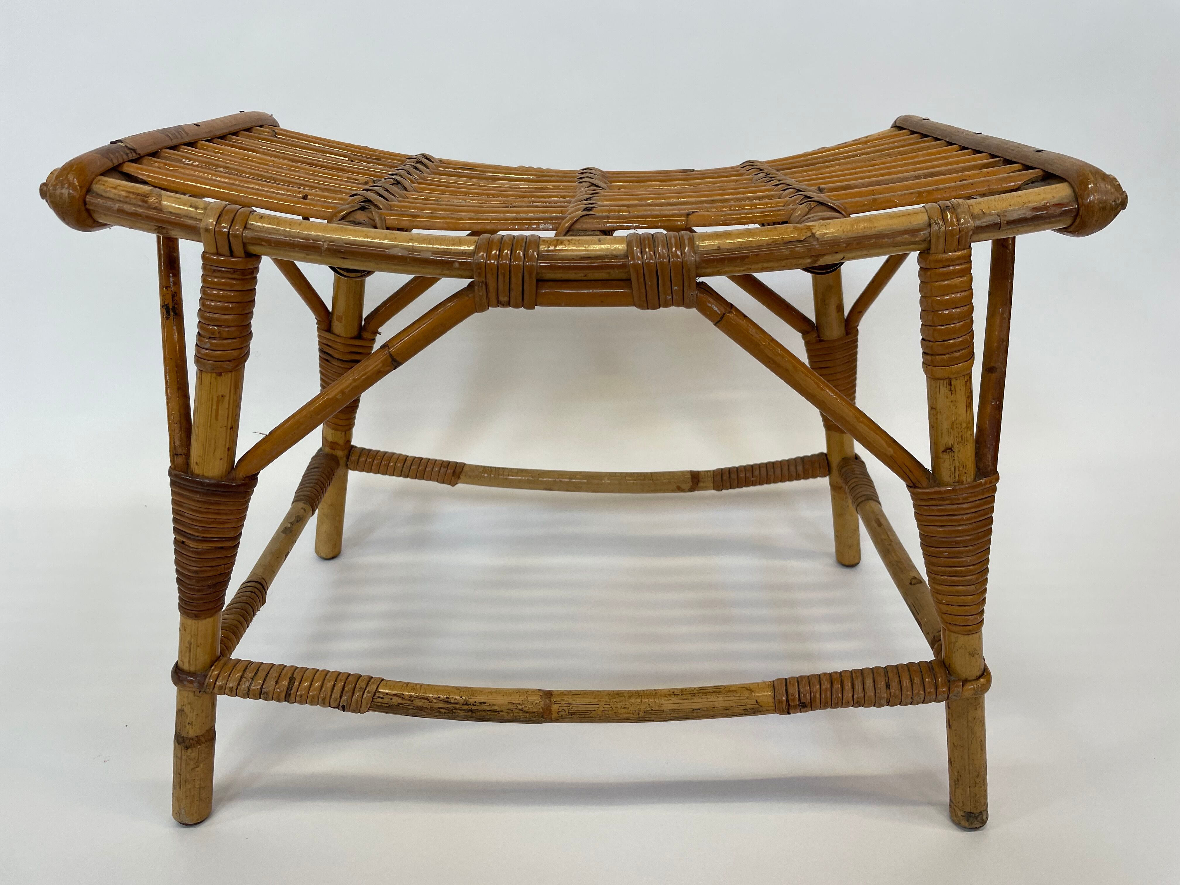 Vintage rattan bamboo footstool stool 1960s