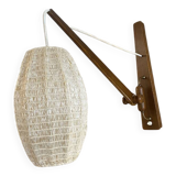 Scandinavian articulated wall lamp, teak and raffia, 1960