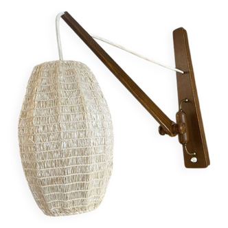Scandinavian articulated wall lamp, teak and raffia, 1960