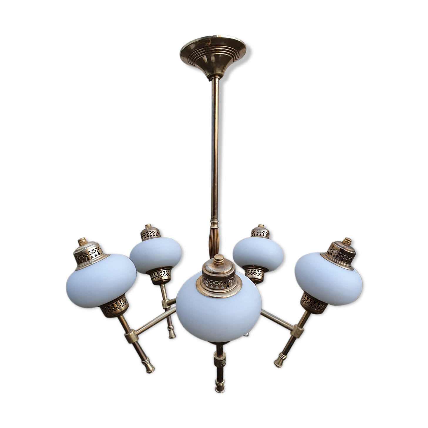 Brass opaline chandelier 1950