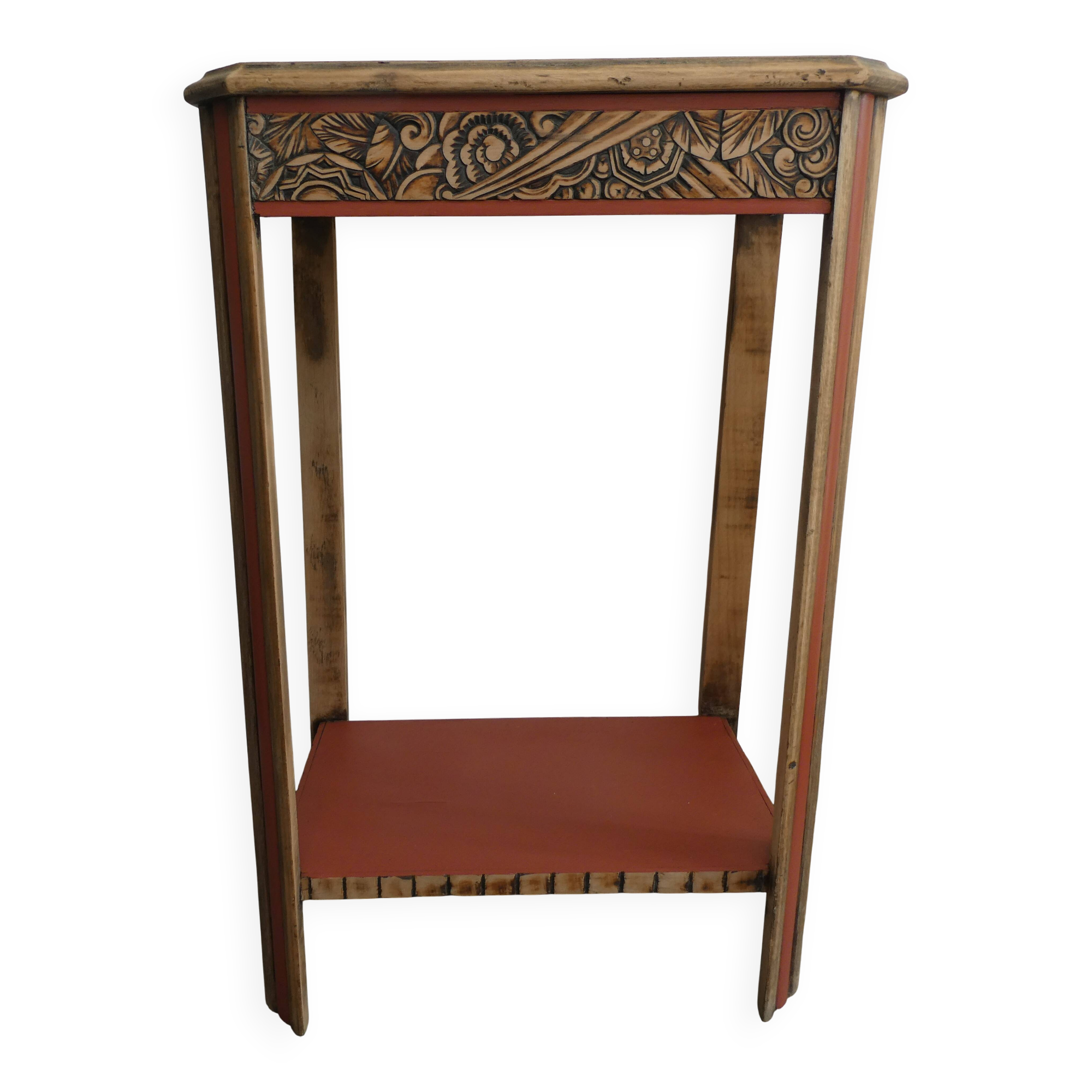 Console, small red accent table.