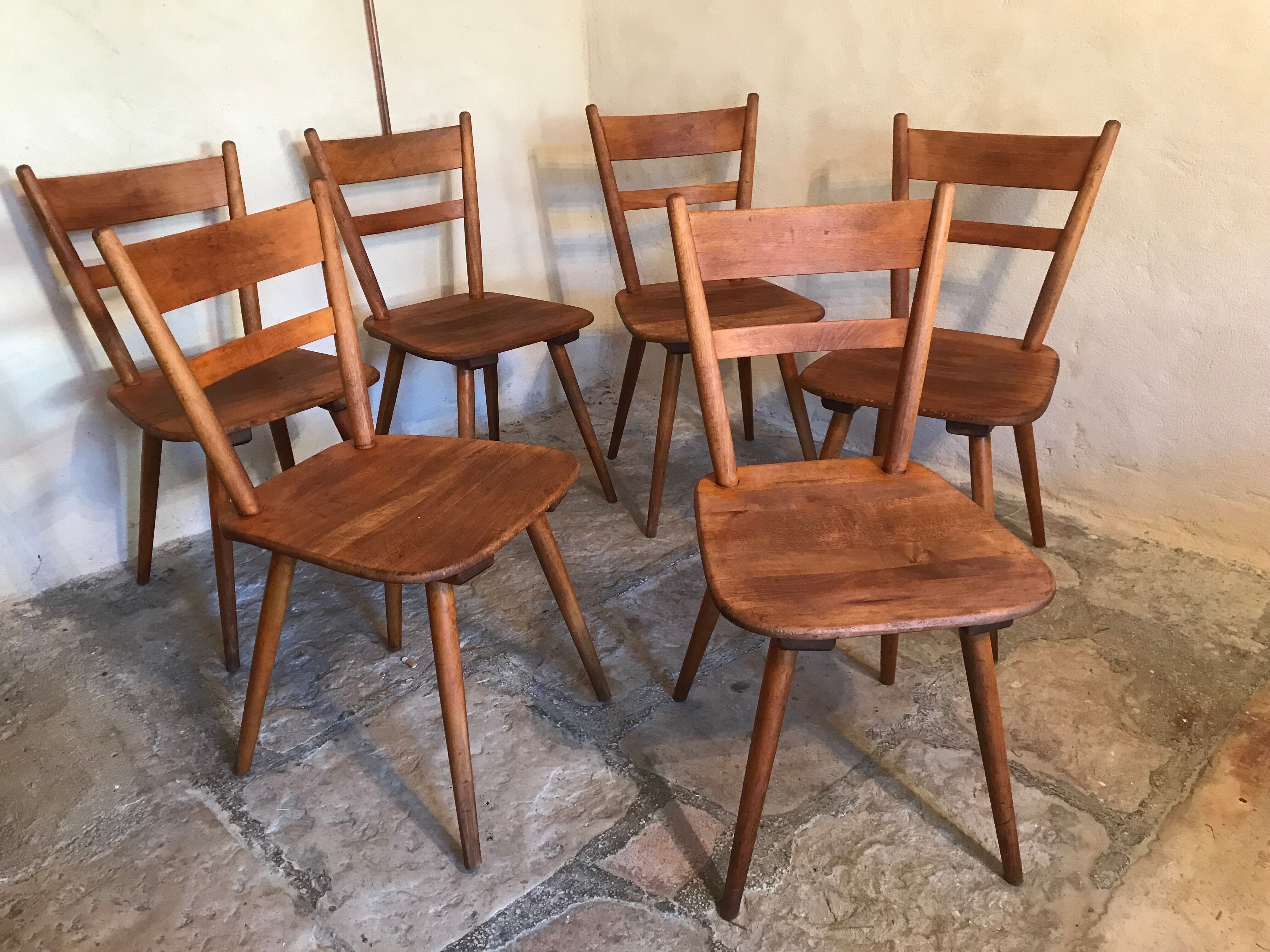Set of 6 vintage solid wood chairs with compass legs 1960's