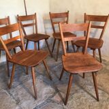 Set of 6 vintage solid wood chairs with compass legs 1960's
