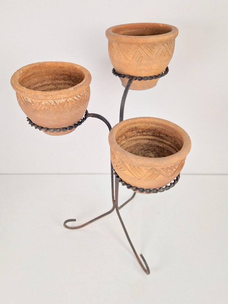 Brutalist Wrought Iron Plant Stand with Handmade Terracotta Pots, 1970s, Set of 4