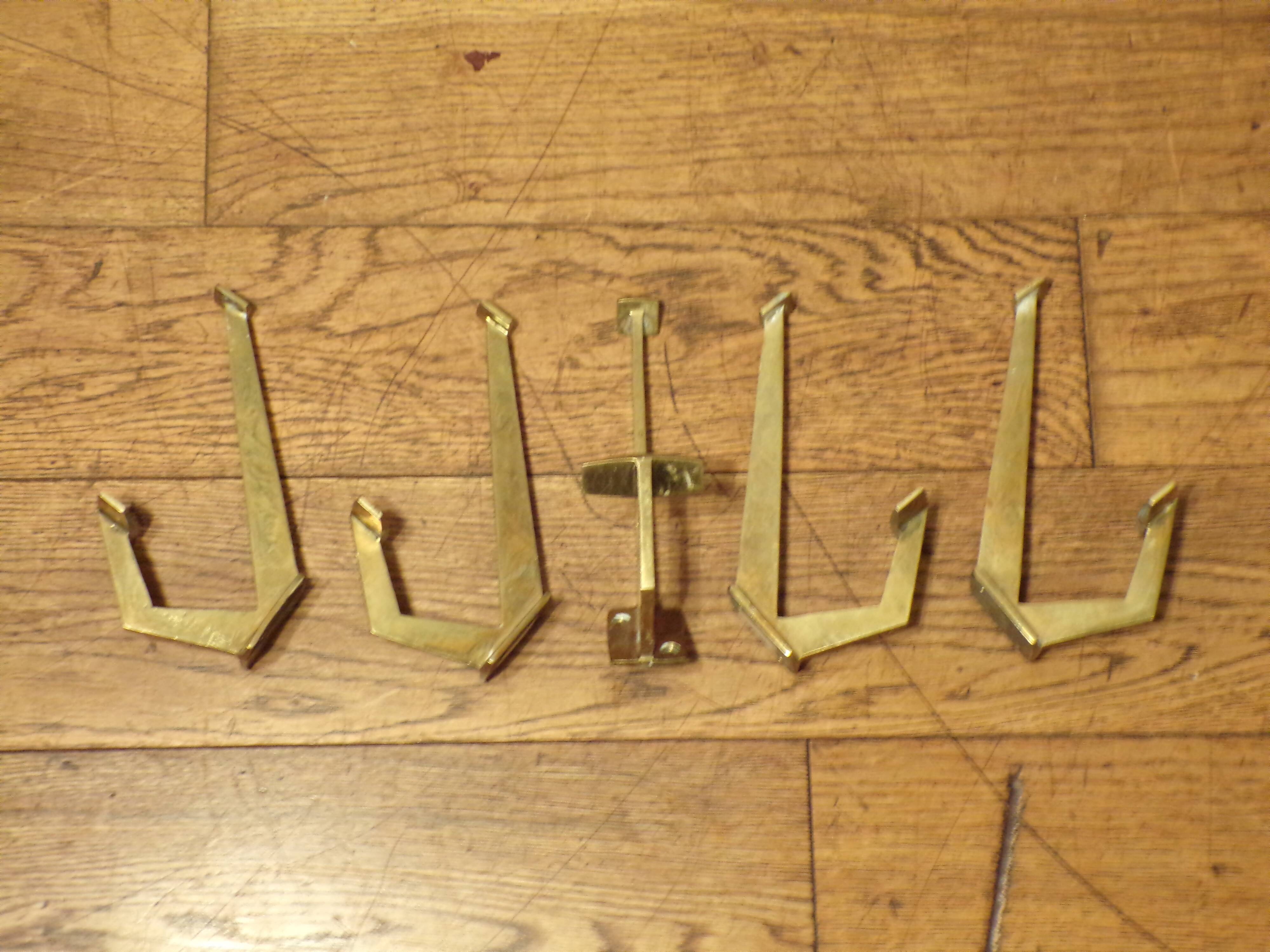 set of 5 1930 brass coat hooks