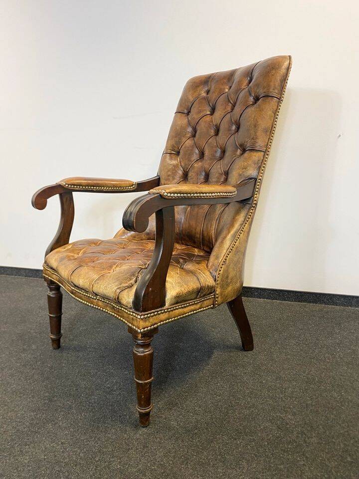 Antique Chesterfield Wing Chair with Stool and English Side Table