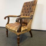 Antique Chesterfield Wing Chair with Stool and English Side Table