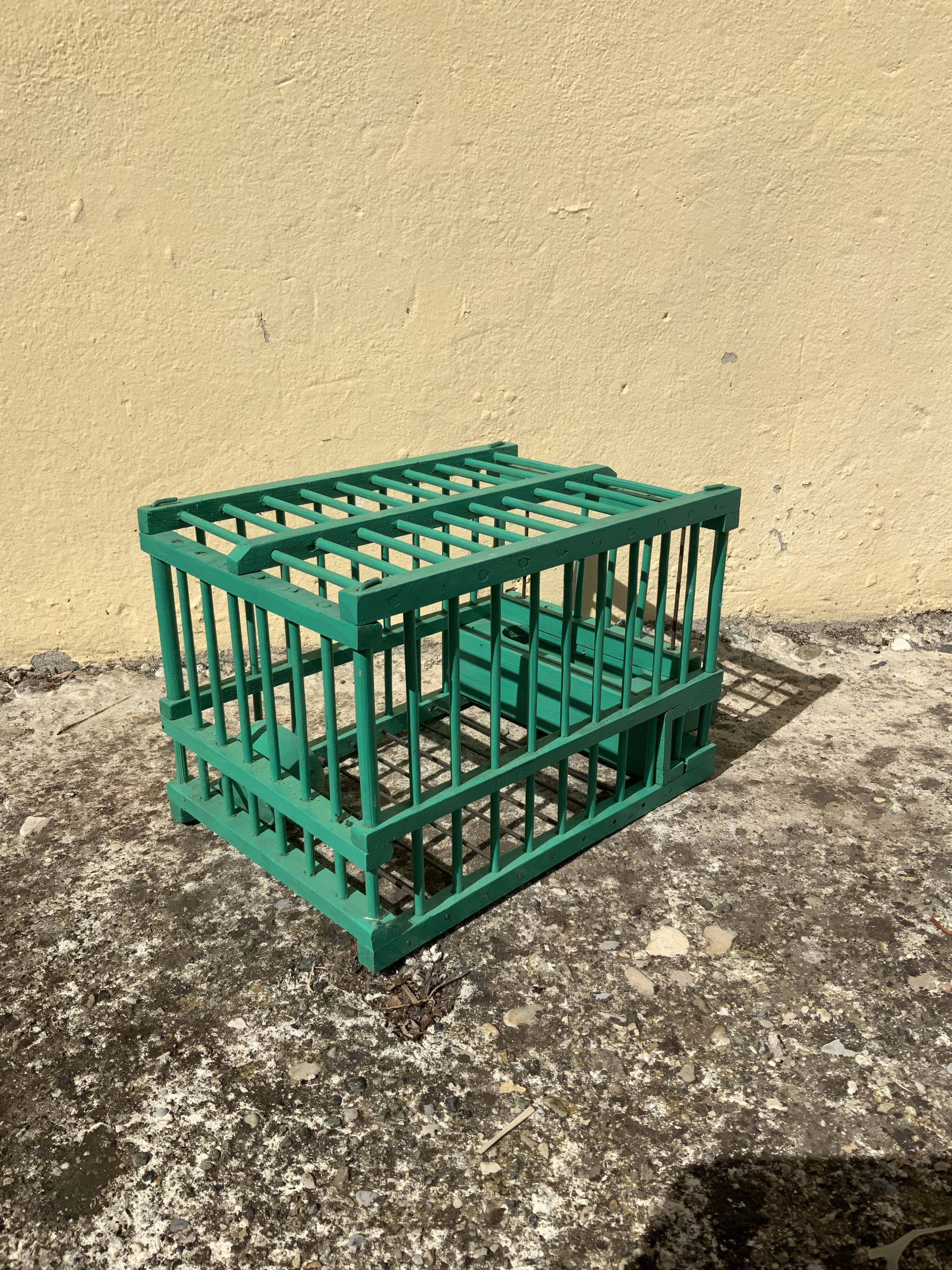 Vintage bird cage in green wood retro paint