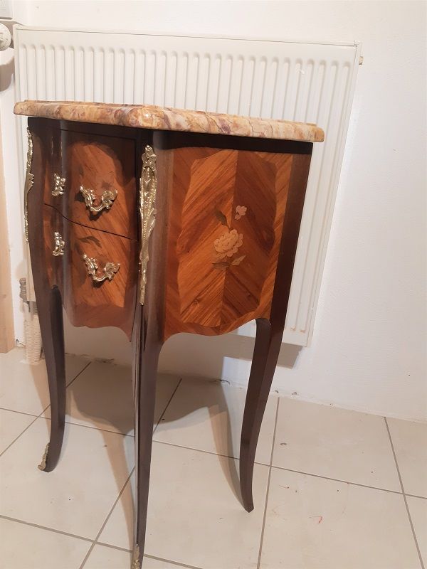 Louis XV style console bedside, curved faces, mahogany and rosewood marquetry decorated with flowers