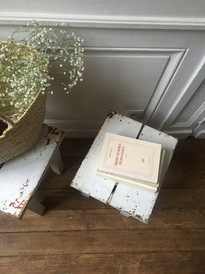 Stools, patinated wooden bedside tables