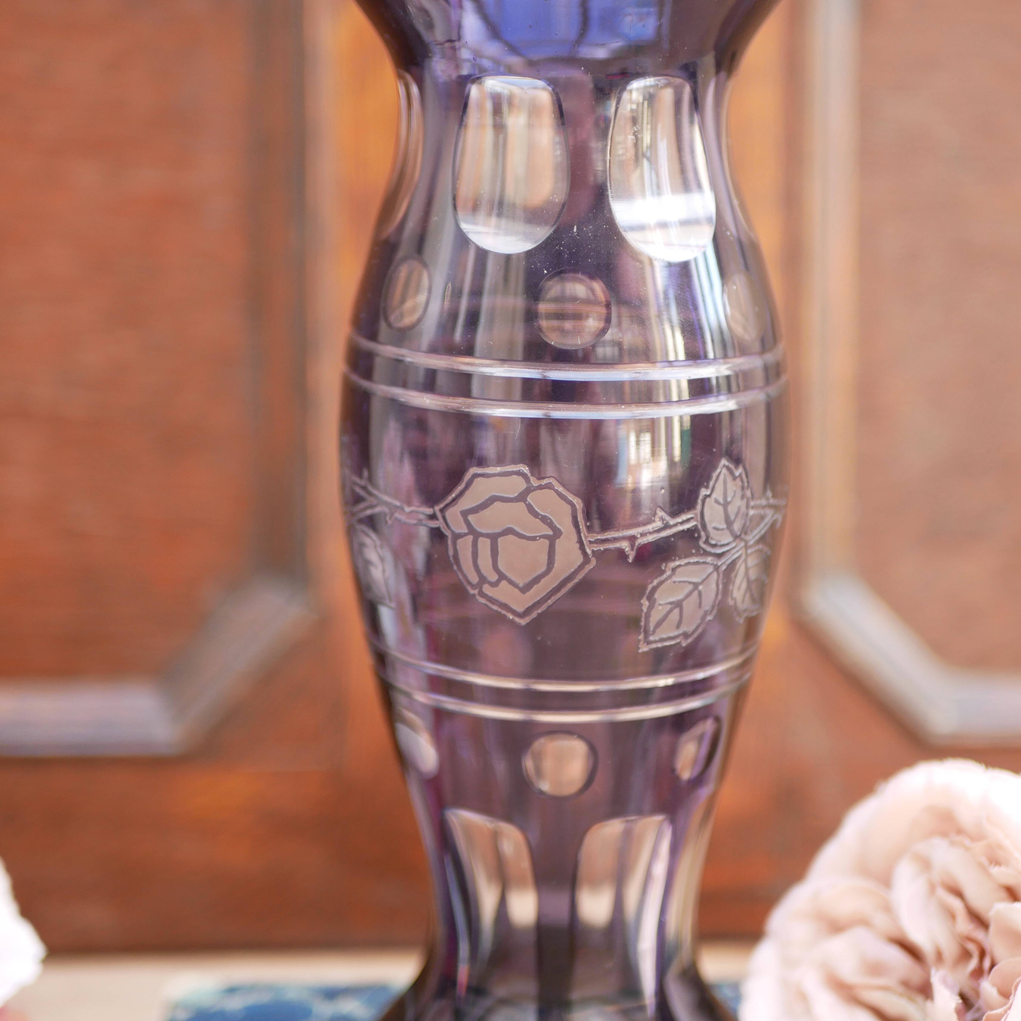 Purple engraved glass vase decorated with roses and "bubbles"