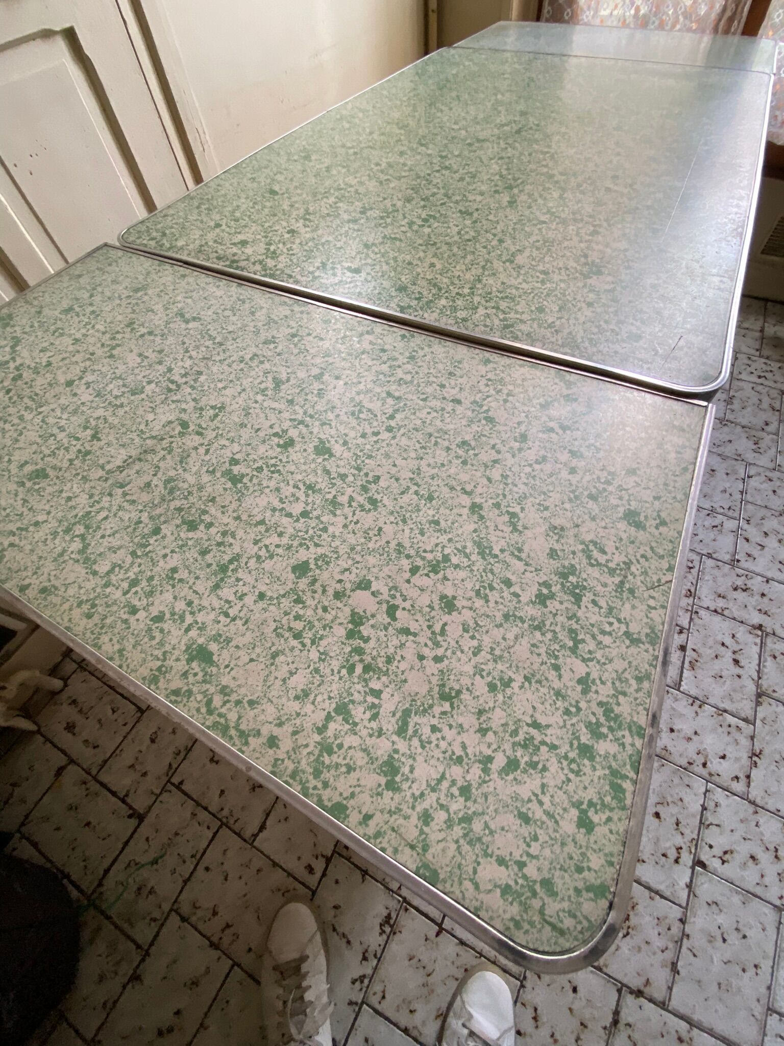 Vintage table in wood, metal and water green formica stamped Roc - Mado style