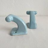 2 patères de salle de bain vintage en céramique bleue