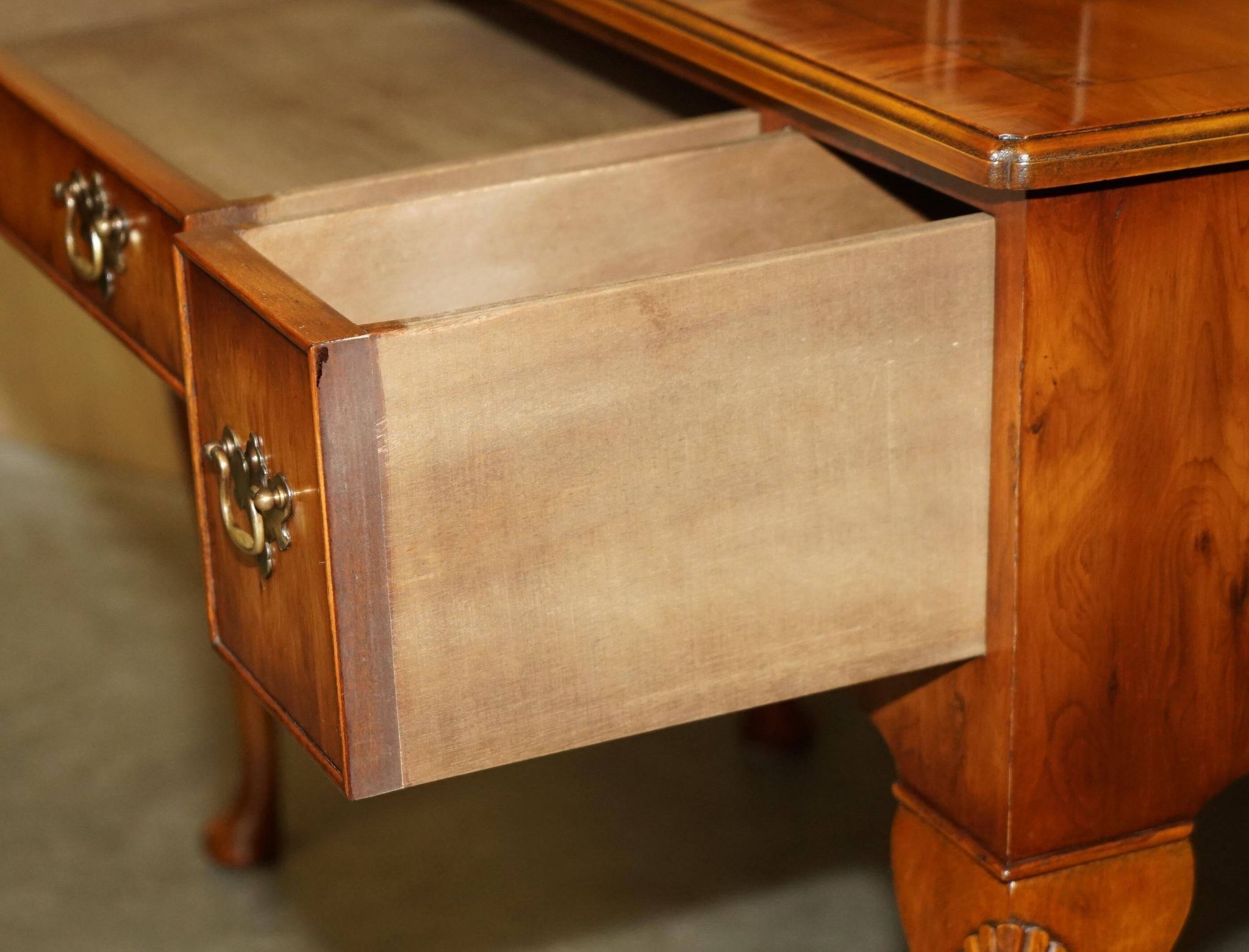 Vintage English walnut burr dressing table with mirror and chair.