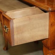 Vintage English walnut burr dressing table with mirror and chair.