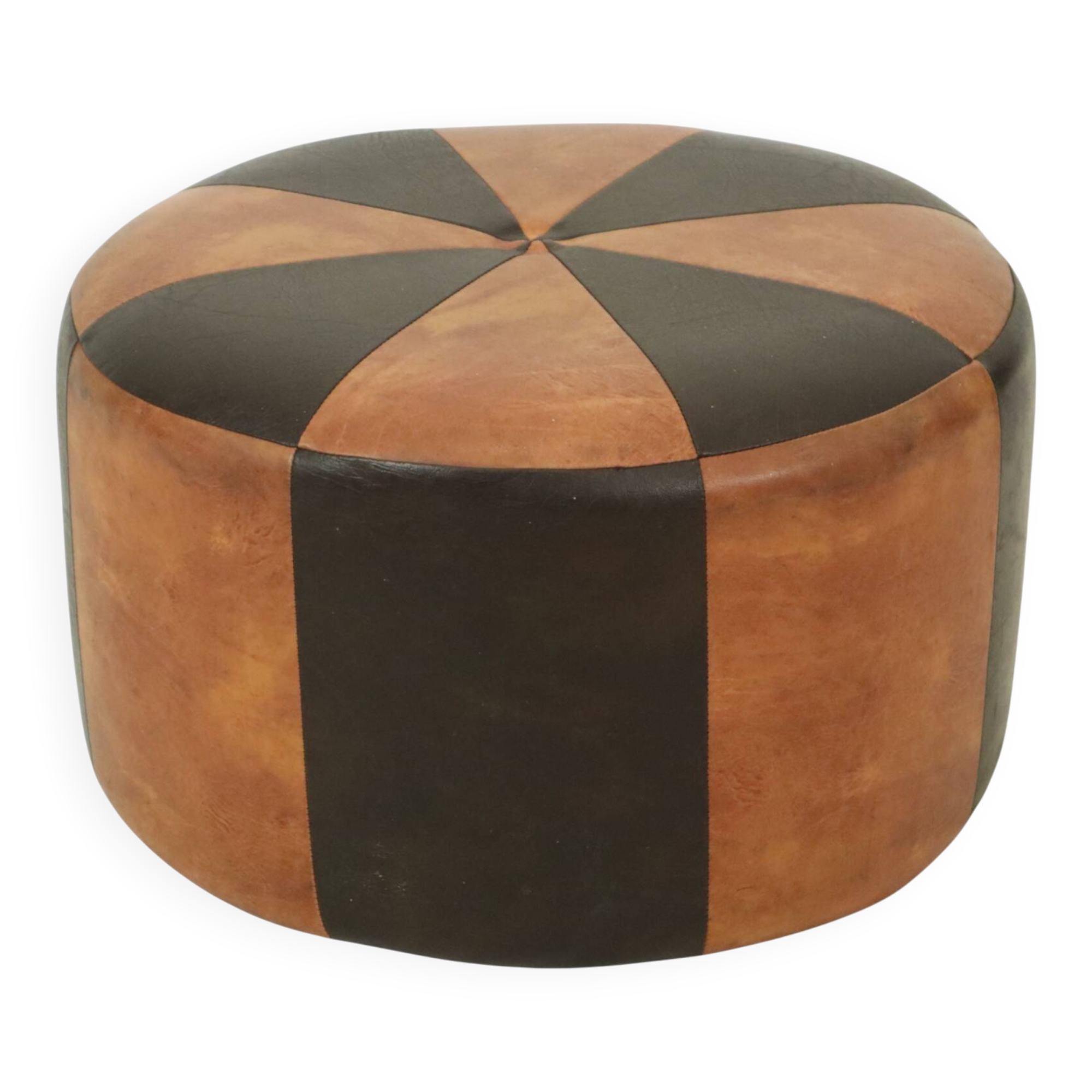 Round Vintage Brown Pouf Two-Tone Skai Leather Sixties