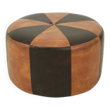Round Vintage Brown Pouf Two-Tone Skai Leather Sixties