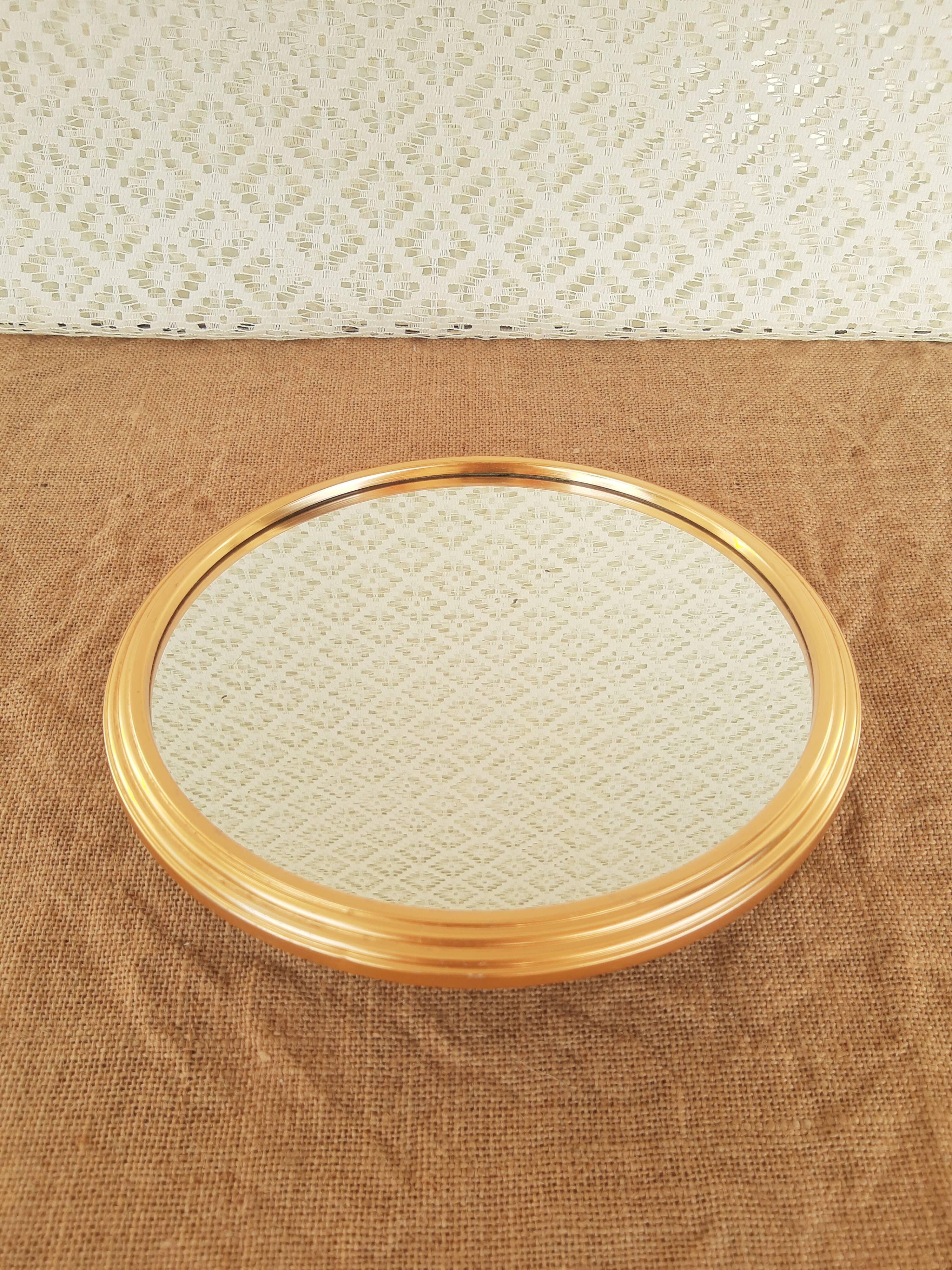 Vintage gold metal mirror round tray