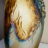 Vase en céramique émaillée, pièce unique, signé D. Prioton, col coquillage