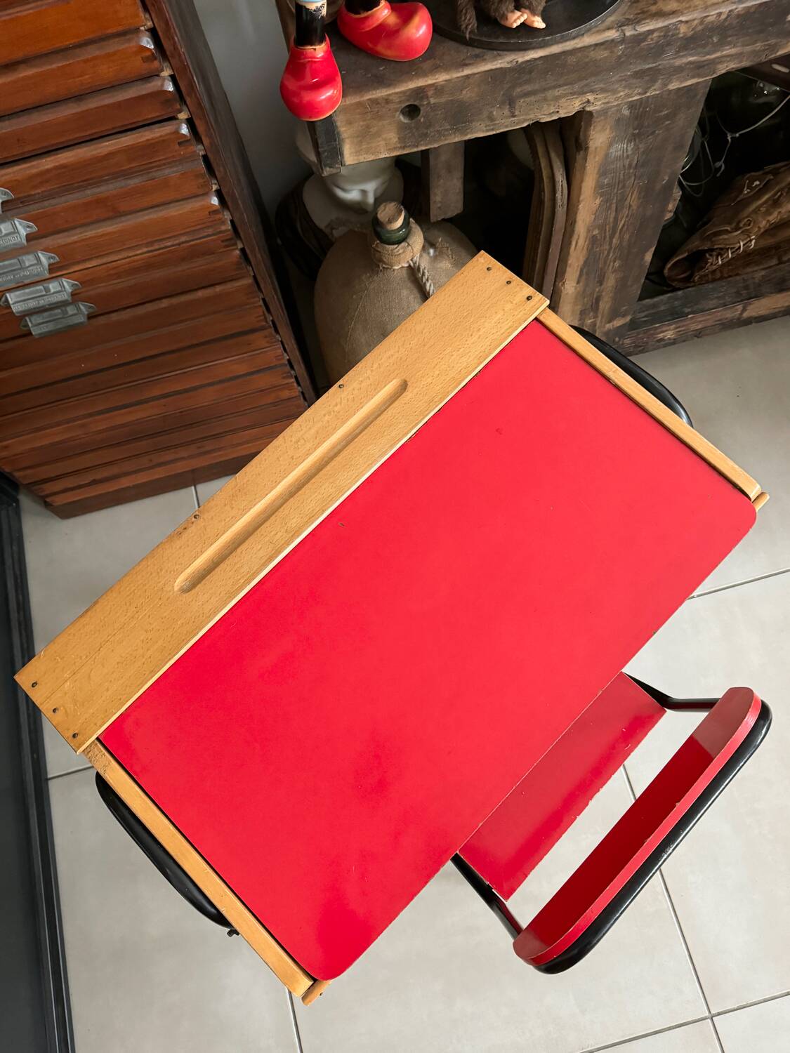 Vintage red children's desk and chair set