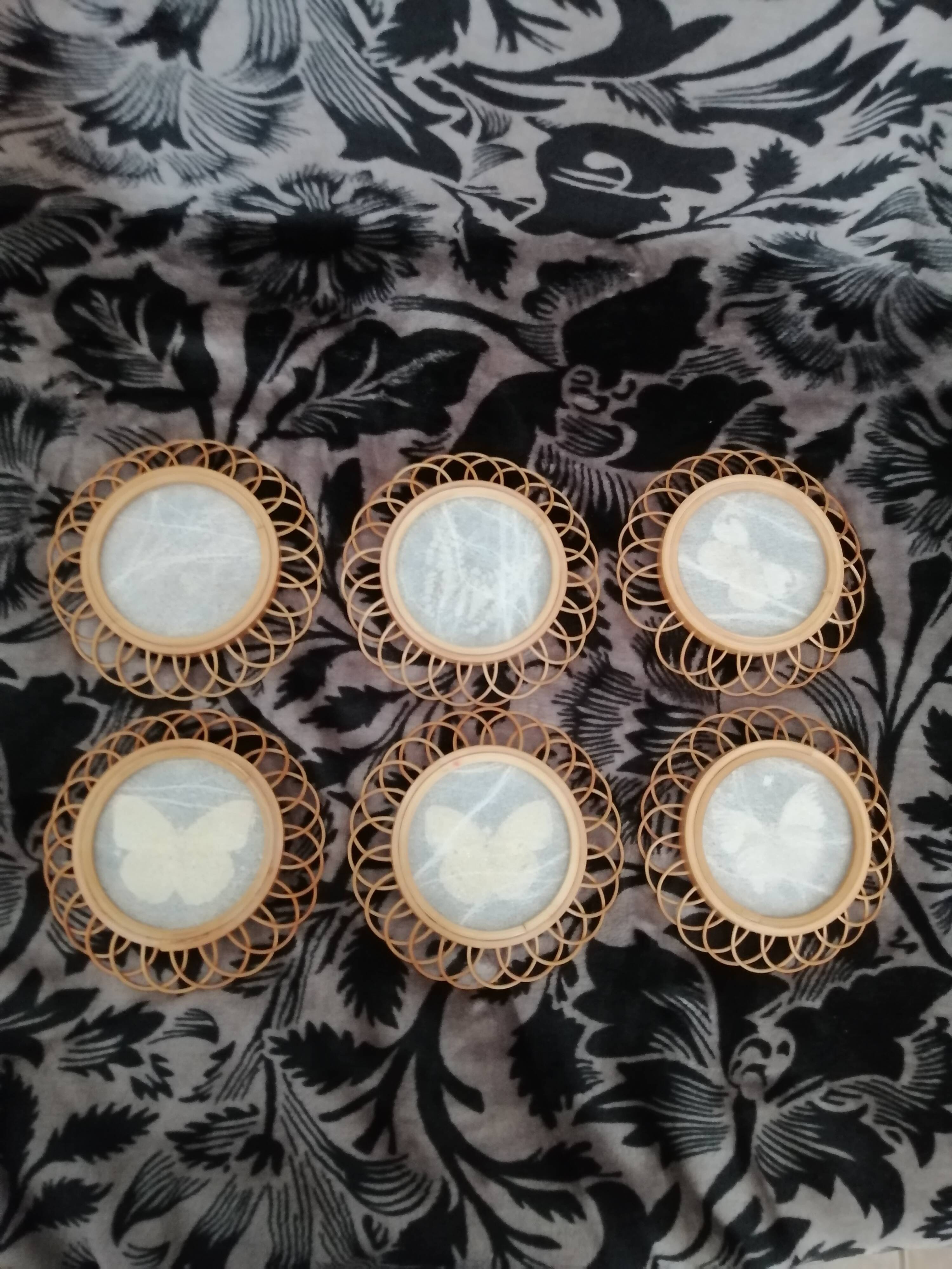 6 coasters in wooden wicker and butterfly background