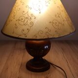 Vintage table lamp in turned wood and fabric lampshade