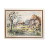 Tableau Aquarelle "Le Theil en Auge" par Denis Verspecht (1919/1991) Calvados