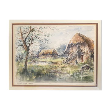 Watercolor painting "Le Theil en Auge" by Denis Verspecht (1919/1991) Calvados