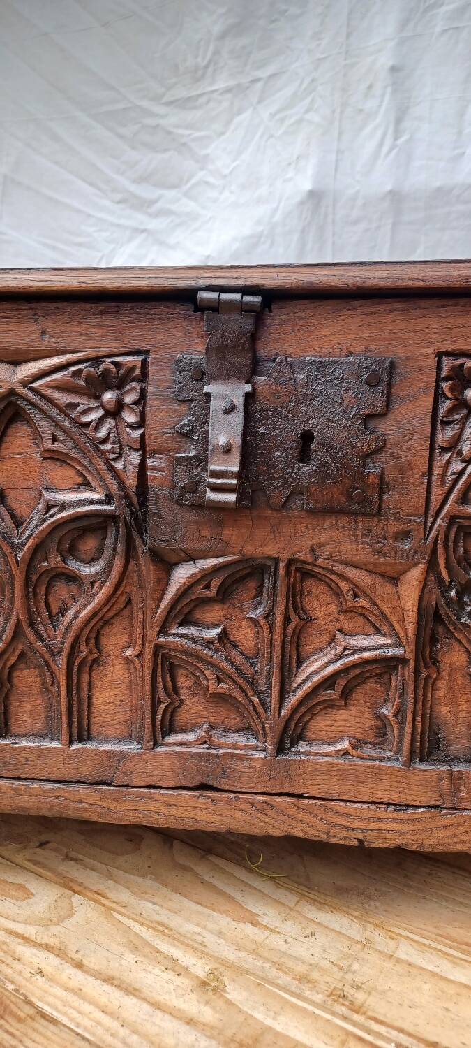 Old Gothic chest 17th century solid oak