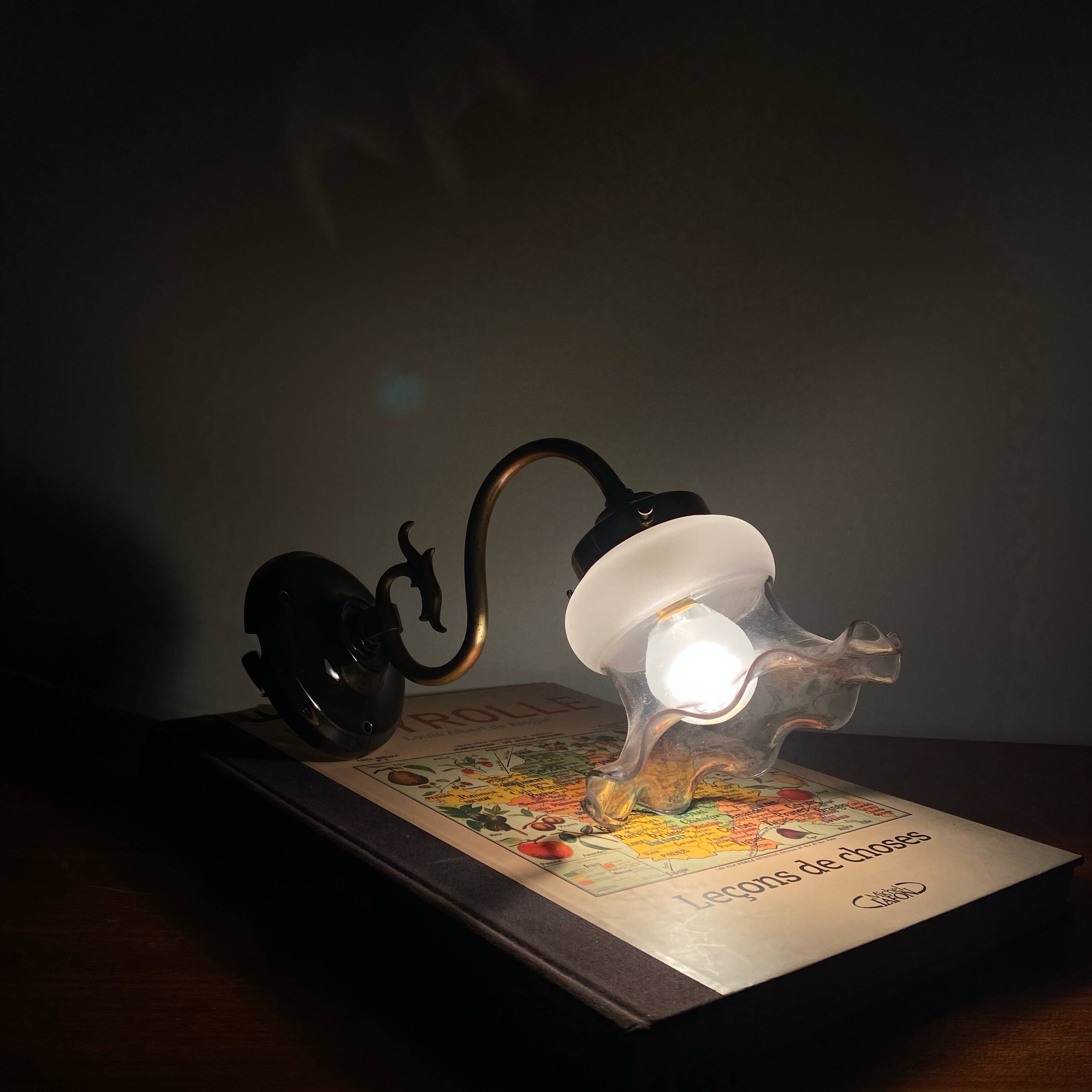 Swan neck wall light in brass with glass tulip.