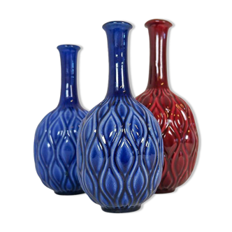 Blue and red peacock vases Midcentury Sven Erik Skawonius Upsala Ekeby, 1950s