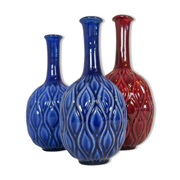 Blue and red peacock vases Midcentury Sven Erik Skawonius Upsala Ekeby, 1950s