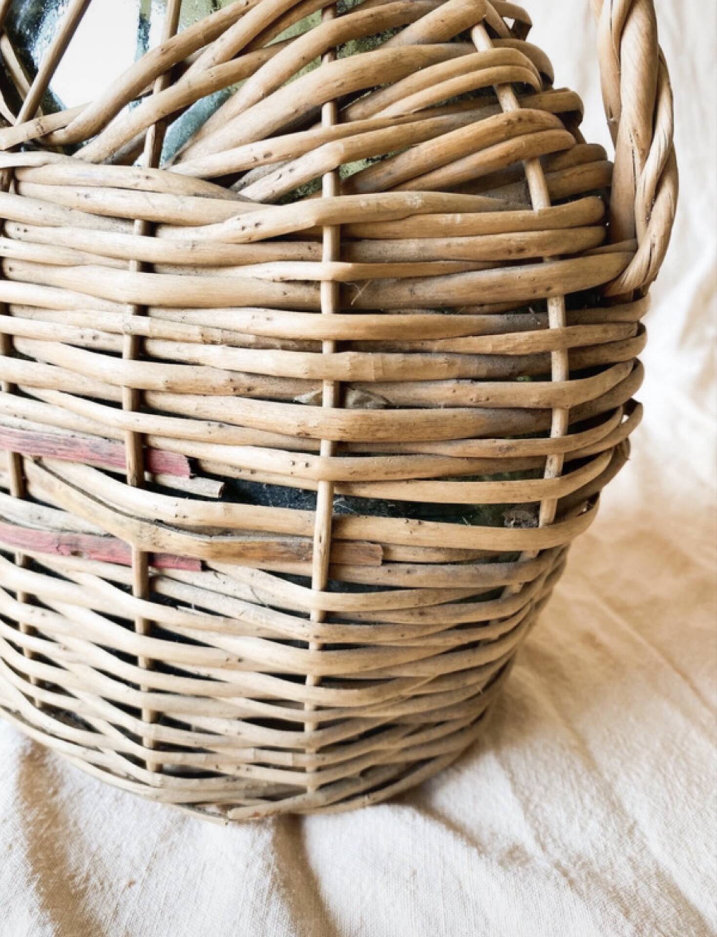 Old Green Glass Demijohn Plate with Woven Rattan